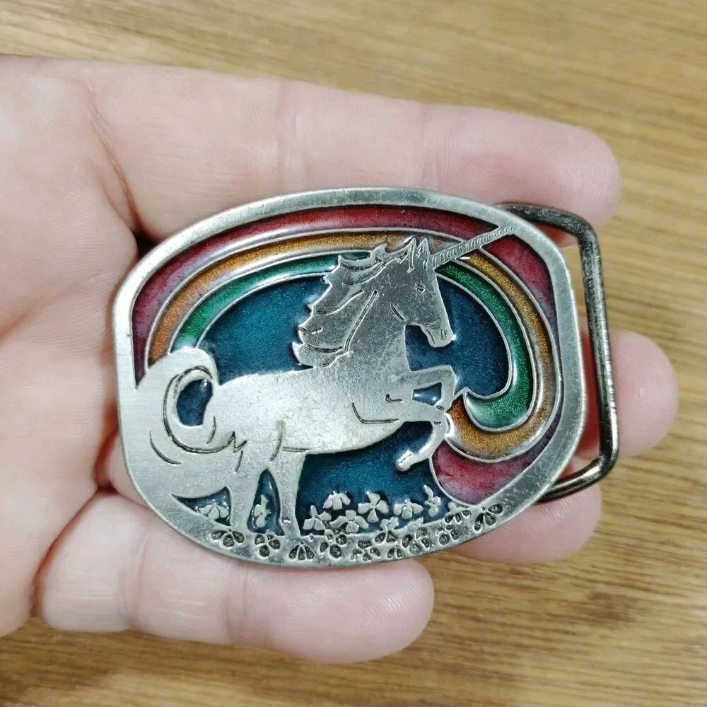 Vintage Unicorn Belt Buckle Rainbow Lucky Clovers Fantasy Magical Mystical